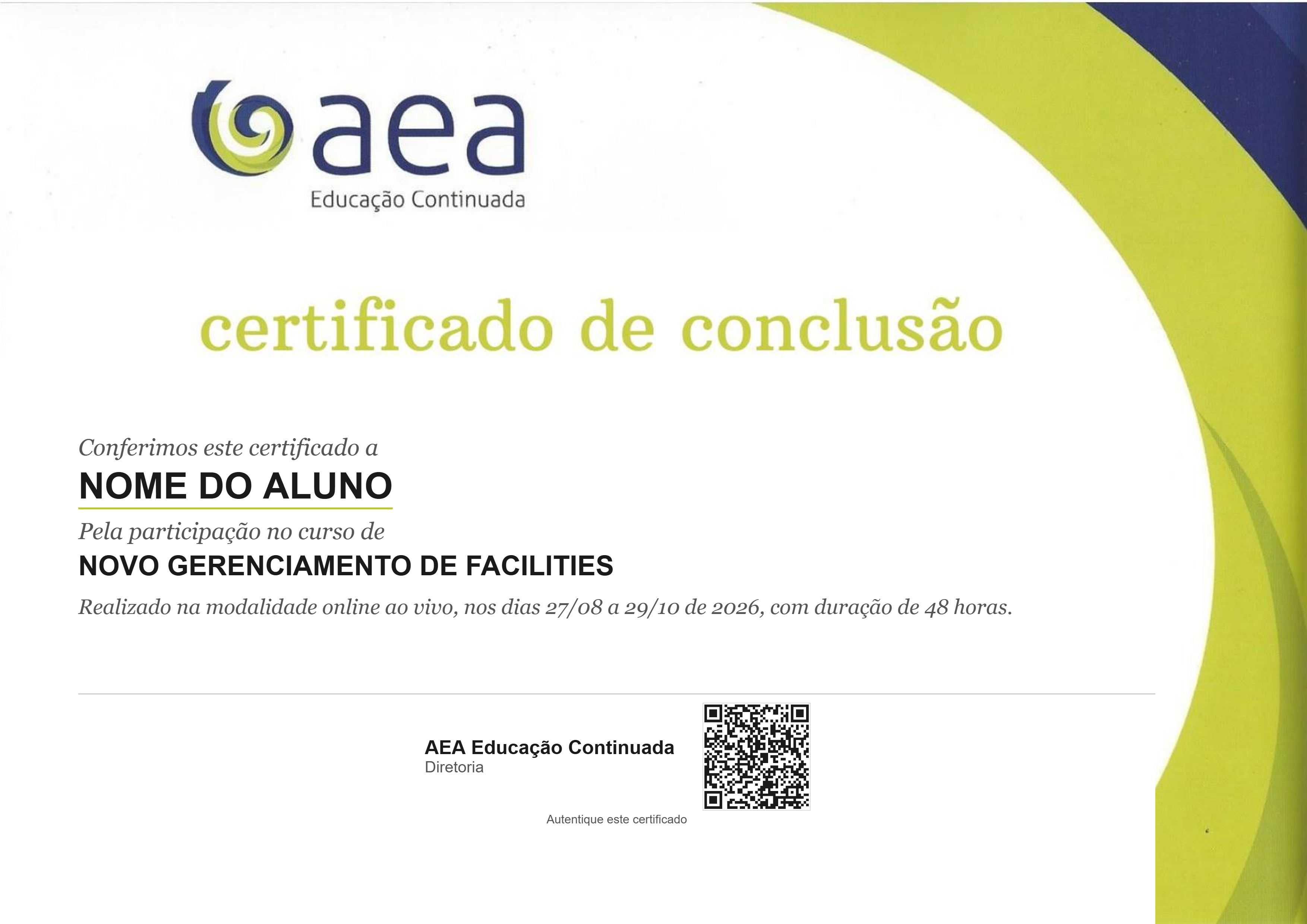 Certificado de Conclusão Novo Gerenciamento de Facilities — AEA Educação Continuada