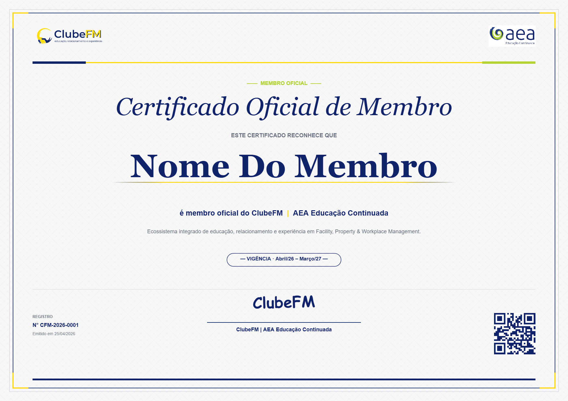 Certificado Oficial de Membro ClubeFM — AEA Educação Continuada